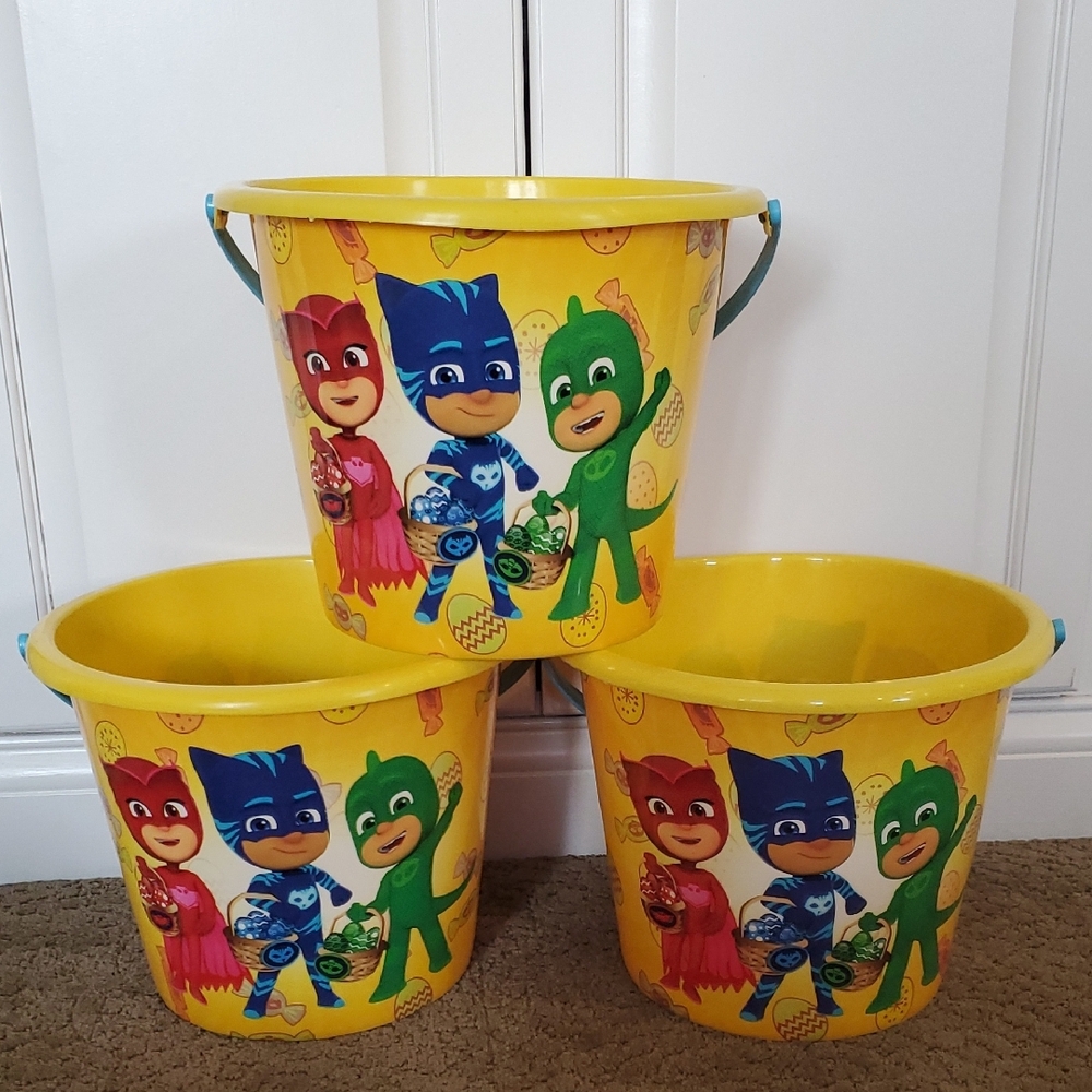 Lot of 3 Yellow PJ Masks Plastic Easter Buckets Basket Egg Hunt Party Prizes NWT